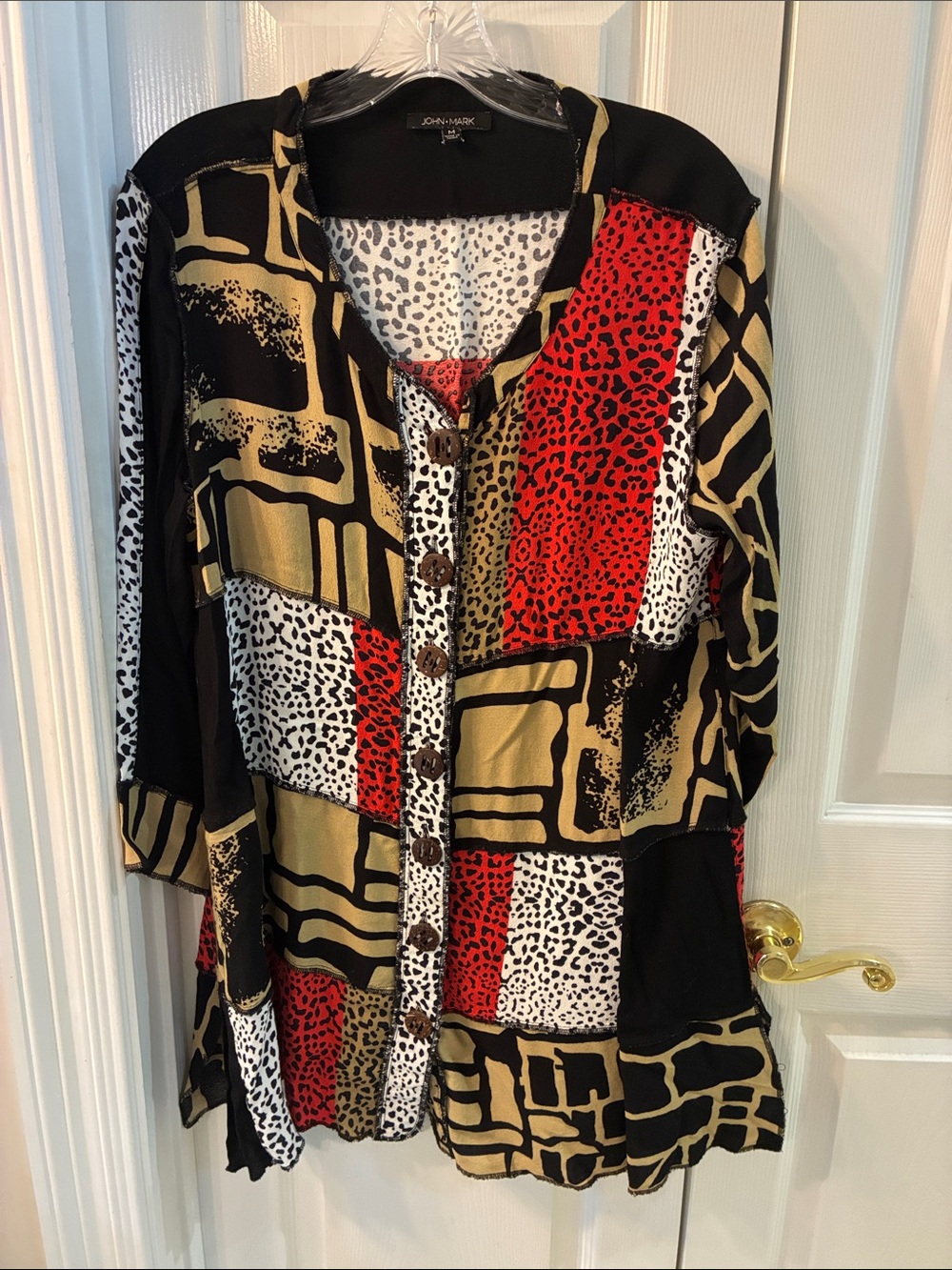 John Mark Red Black Gold Patchwork Animal Print Tunic Top Shirt SZ M Boho Art